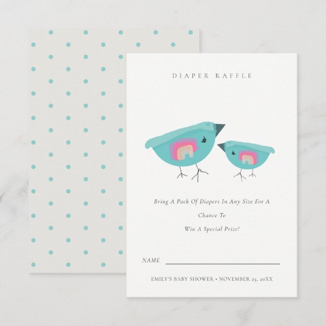 Tarjeta De Recepción Cuidadoso Rainbow Blue Birdy Diaper Raffle Baby Sh (Anverso / Reverso)