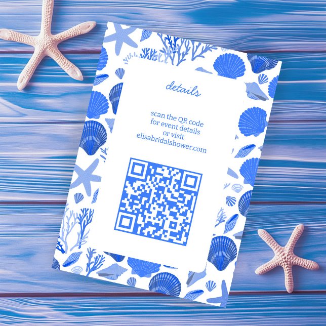 Tarjeta De Recepción Cumpleaños de Despedida de Soltera Seashells Chic  (Seashells Bridal Shower Chic Blue Beach CUSTOM QR Enclosure Card
)