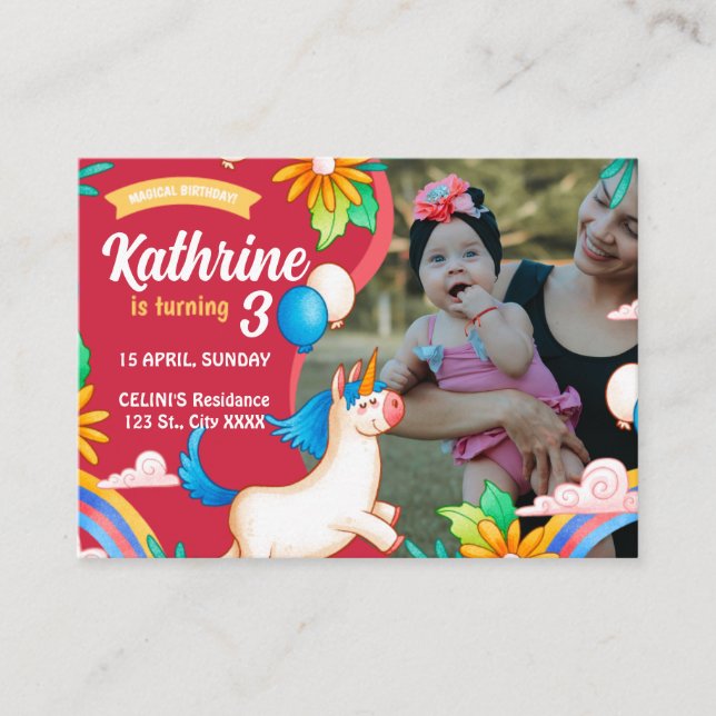 Tarjeta De Recepción Cumpleaños de Unicornio dibujado a mano corta (Anverso)