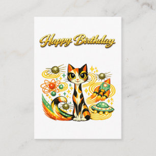 Tarjeta De Recepción Cumpleaños Feliz Gato Calico de la Era Espacial At