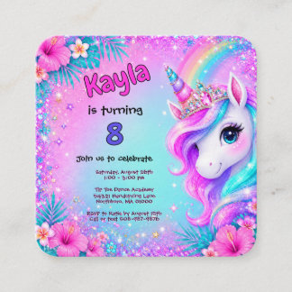 Tarjeta De Recepción Cumpleaños Mágico Unicornio Arcoíris Brillante 
