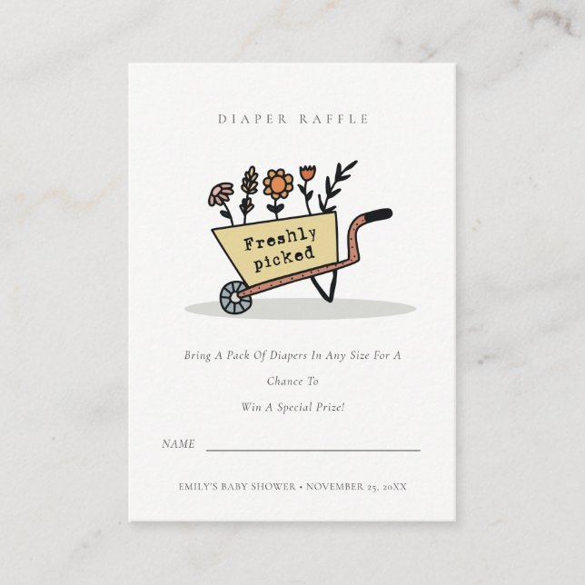 Tarjeta De Recepción Cute amarillo floral Carro Diaper Raffle Baby Show (Anverso)