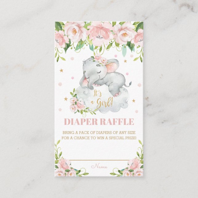 Tarjeta De Recepción Cute bebé elefante rosa Rubor Floral Diaper Raffle (Anverso)