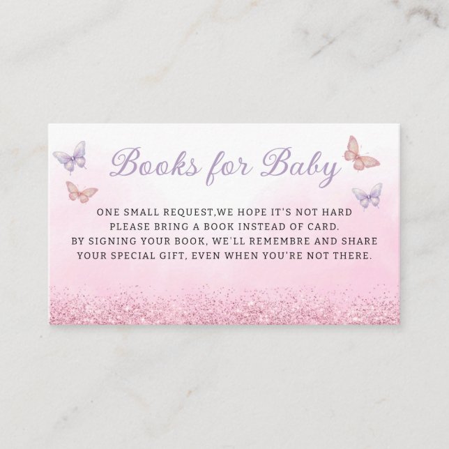 Tarjeta De Recepción Cute Boho Purpurina libros de mariposa para bebé (Anverso)