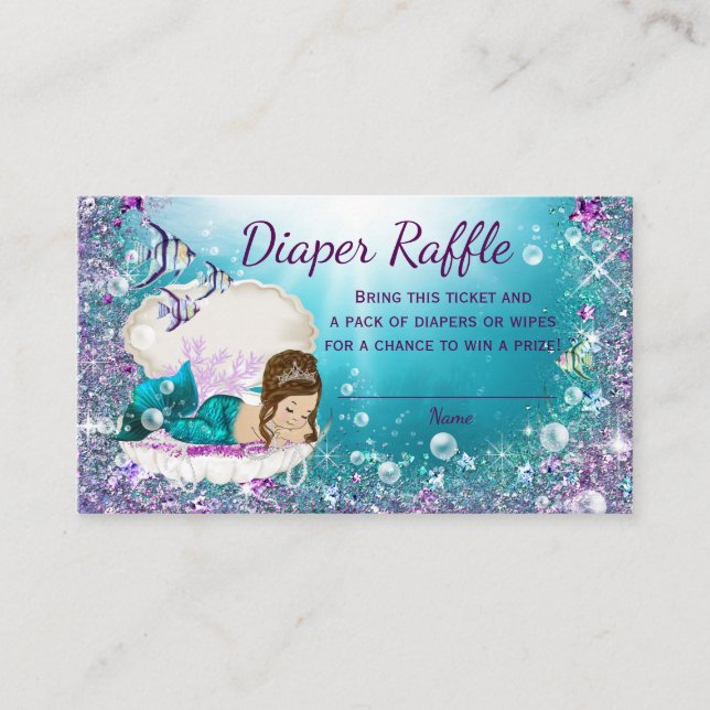 Tarjeta De Recepción Cute Brunette Mermaid Diaper Raffle Tickets (Anverso)