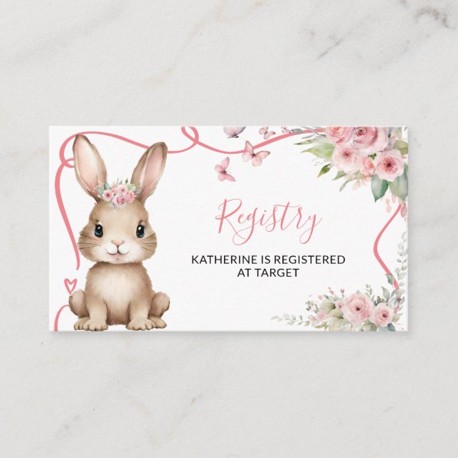 Tarjeta De Recepción Cute Bunny Baby Shower Girl Pink Floral Registry (Anverso)