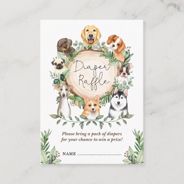 Tarjeta De Recepción Cute Dogs Diaper Raffle Greenery Puppy Baby Shower (Anverso)