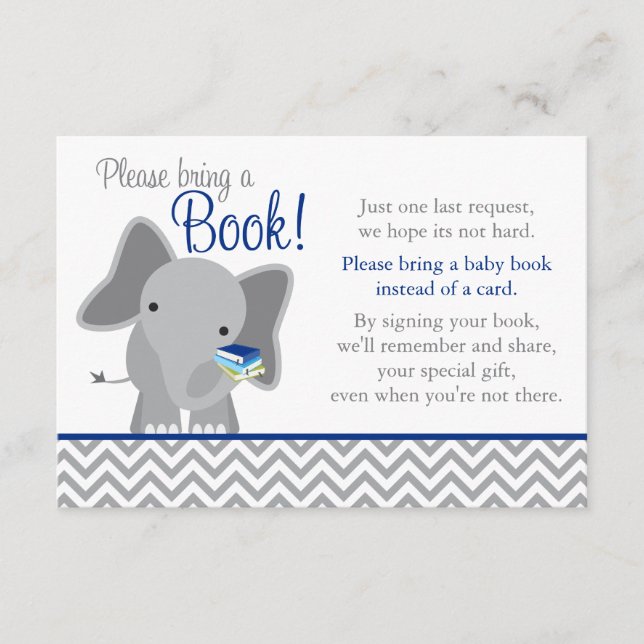Tarjeta De Recepción Cute Elephant Chevron Navy Blue Baby Shower Book (Anverso)