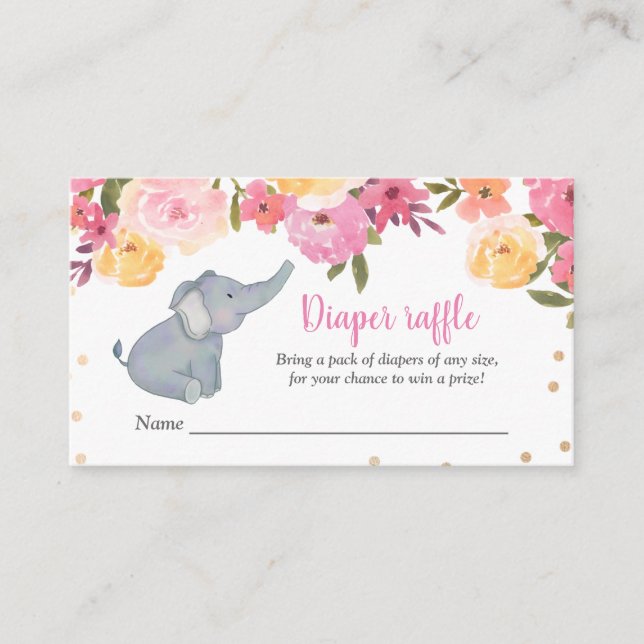 Tarjeta De Recepción Cute Elephant Floral Baby Shower Diaper Raffle (Anverso)