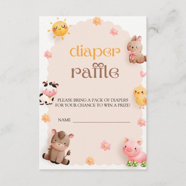 Tarjeta De Recepción Cute Farm Animals Baby Shower Diaper Raffle Ticket (Anverso)