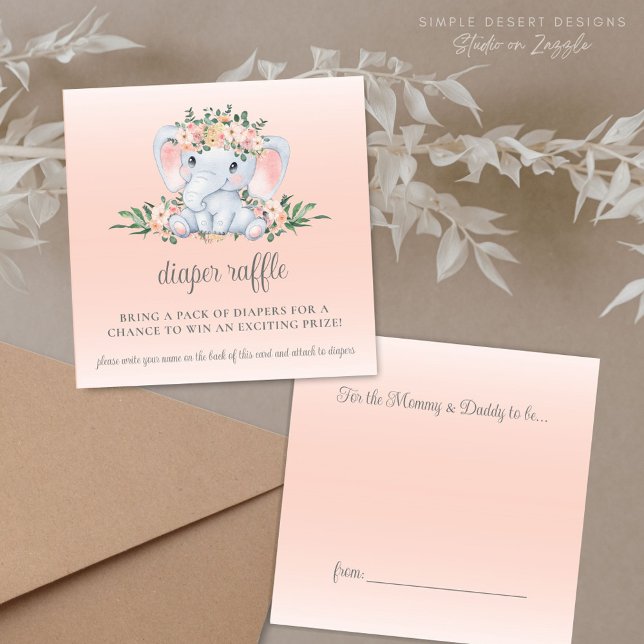 Tarjeta De Recepción Cute Floral Elephant Baby Shower Diaper Raffle (Sweet Blush Pink Floral Greenery Baby Shower Diaper Raffle Cards with Cute Elephant)