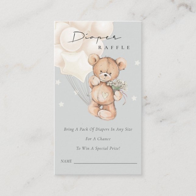 Tarjeta De Recepción Cute Gray Bear Balloon Diaper Raffle Baby Shower (Anverso)