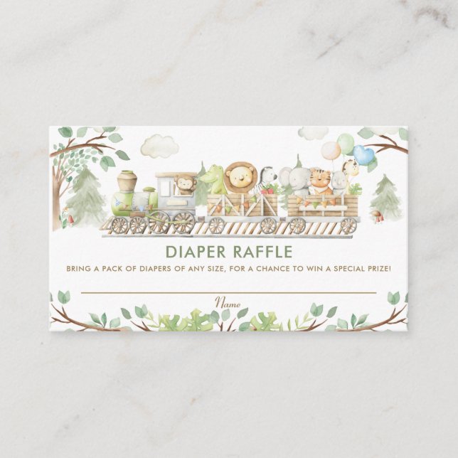 Tarjeta De Recepción Cute Jungle Animales Tren Greenery Diaper Raffle (Anverso)