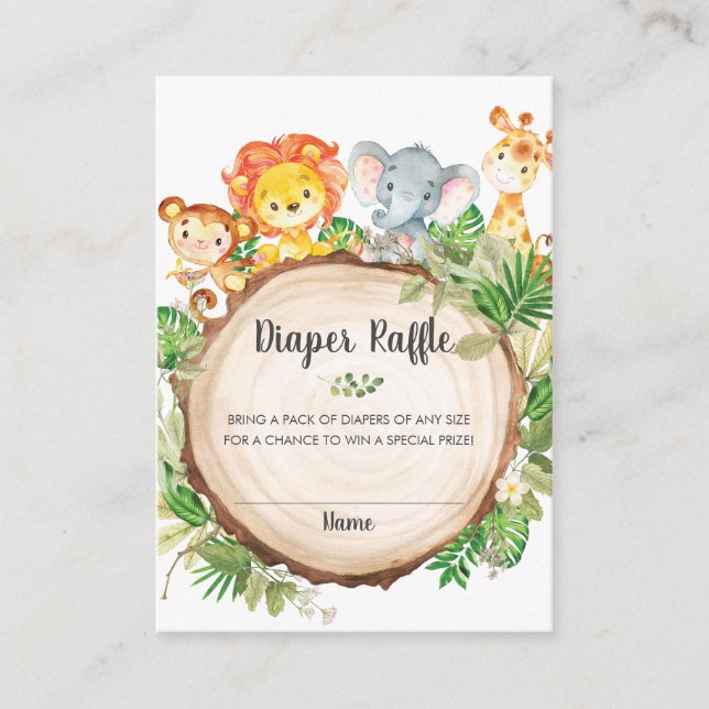 Tarjeta De Recepción Cute Jungle Animals Baby Shower Diaper Raffle (Anverso)