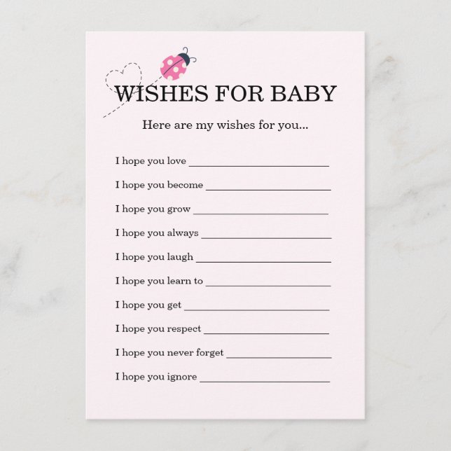 Tarjeta De Recepción Cute Ladybug Pink Girl Baby Shower Wishes For Baby (Anverso)