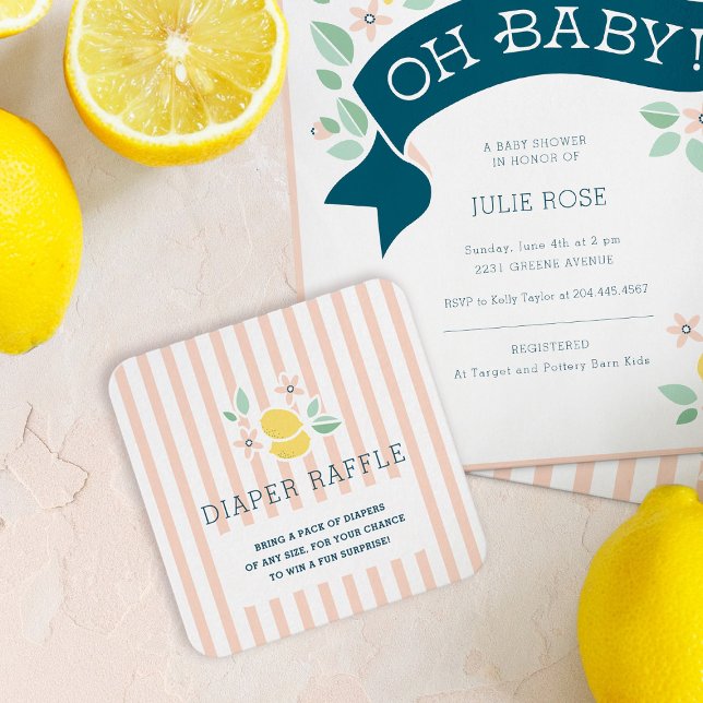 Tarjeta De Recepción Cute Lemons Tiras Rosadas Diaper Botánico Raffle (Cute Lemon Yellow Botanical Bold Baby Shower Pink Stripes enclosure card)
