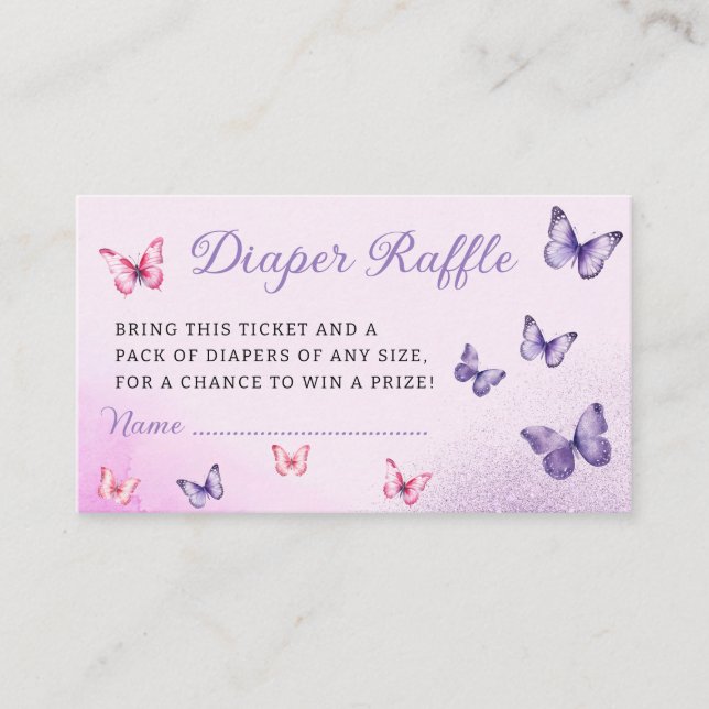 Tarjeta De Recepción Cute mariposa morada Baby Shower Diaper Raffle (Anverso)