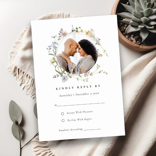 Tarjeta De Recepción Cute Meadow Floral Wreath Photo Wedding RSVP (Subido por el creador)