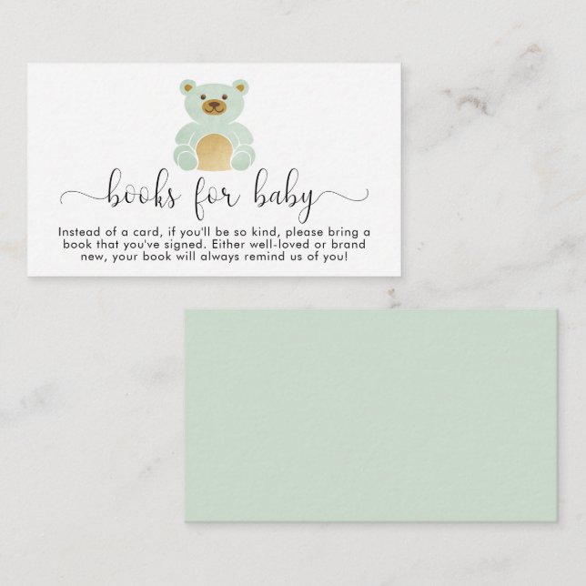 Tarjeta De Recepción Cute Mint Teddy Bear Books Para Baby Shower (Anverso / Reverso)
