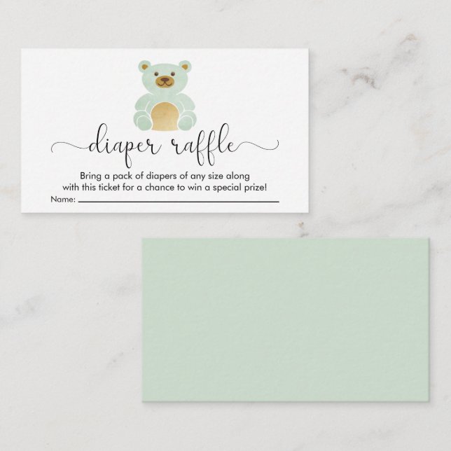Tarjeta De Recepción Cute Mint Teddy Bear Diaper Raffle Baby Shower (Anverso / Reverso)