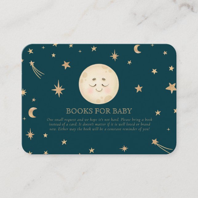 Tarjeta De Recepción Cute Moon Golden Stars Baby Shower books para bebé (Anverso)