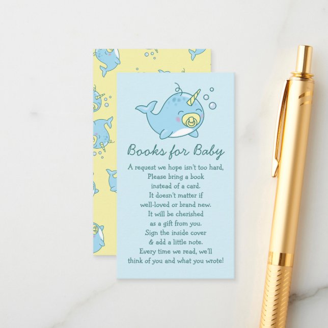 Tarjeta De Recepción Cute narwhal Baby Shower Kawaii Libros para bebé (Anverso/Reverso In Situ)