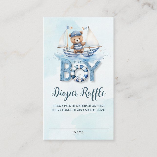 Tarjeta De Recepción Cute Nautical Teddy Bear Bote Baby Diaper Raffle (Anverso)