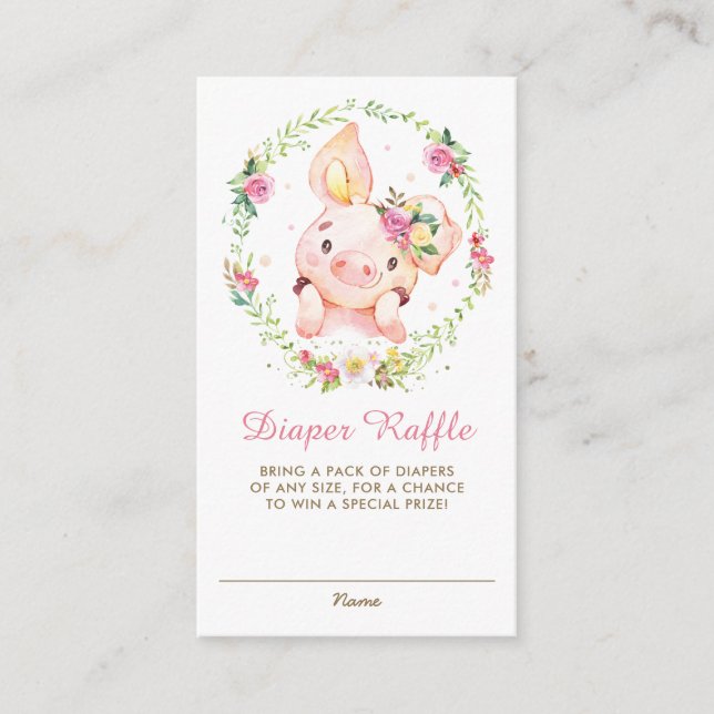 Tarjeta De Recepción Cute Piggy Pink Floral Baby Shower Diaper Raffle (Anverso)