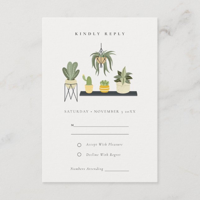 Tarjeta De Recepción Cute Potted Leafy Succulent Plants Wedding RSVP (Anverso)