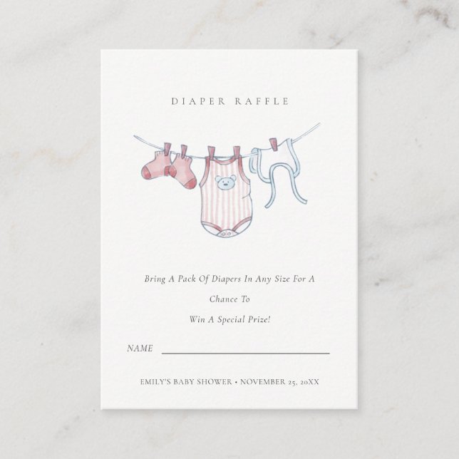 Tarjeta De Recepción Cute rosa Clothesline Diaper Raffle Baby Shower (Anverso)