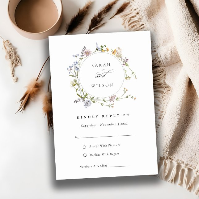 Tarjeta De Recepción Cute Rustic Meadow Floral Wreath Wedding RSVP (Subido por el creador)