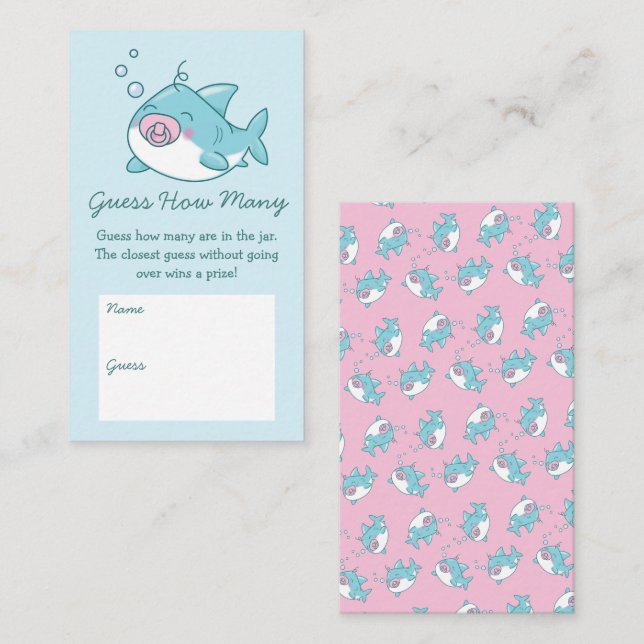 Tarjeta De Recepción Cute Shark Baby Shower Kawaii Adivina Cuántos Rosa (Anverso / Reverso)