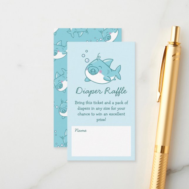Tarjeta De Recepción Cute Shark Baby Shower Kawaii Blue Diaper Raffle (Anverso/Reverso In Situ)