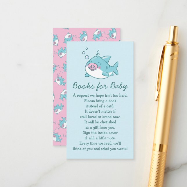 Tarjeta De Recepción Cute Shark Baby Shower Kawaii Chicas rosados Libro (Anverso/Reverso In Situ)