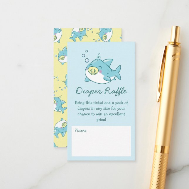 Tarjeta De Recepción Cute Shark Baby Shower Kawaii Diaper Raffle (Anverso/Reverso In Situ)