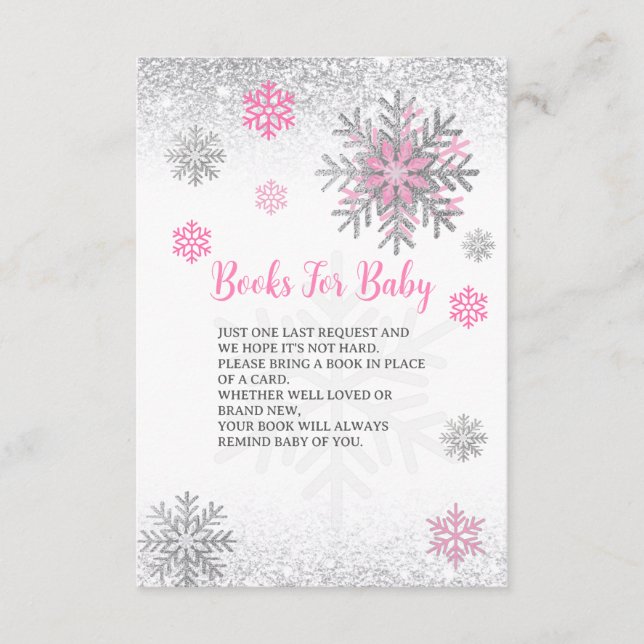 Tarjeta De Recepción Cute Snowflake Pink & Silver Baby's Book Request  (Anverso)