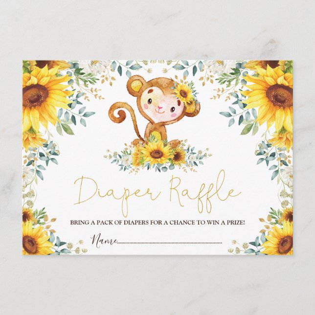 Tarjeta De Recepción Cute Sunflower Jungle Monkey Baby Diaper Raffle (Anverso)