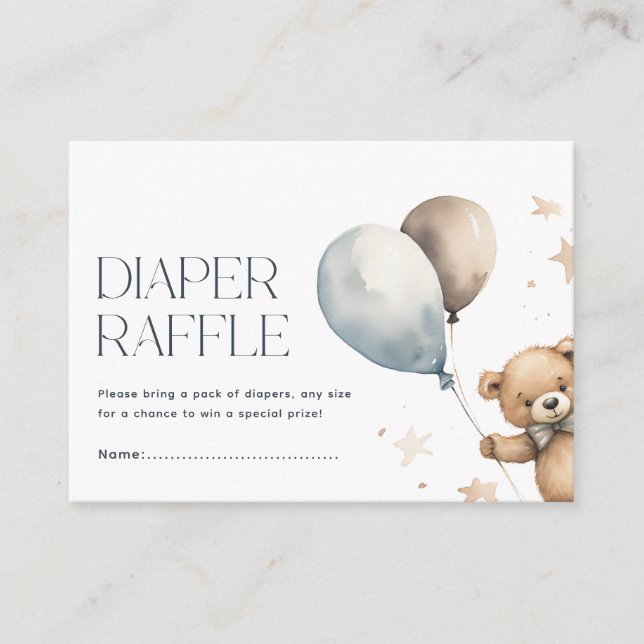 Tarjeta De Recepción Cute Teddy Bear & Balloons Boy Diaper Raffle (Anverso)