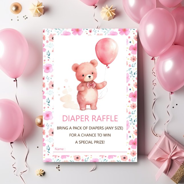 Tarjeta De Recepción Cute Teddy Bear Balón Rosa Diaper Raffle Ticket (Subido por el creador)