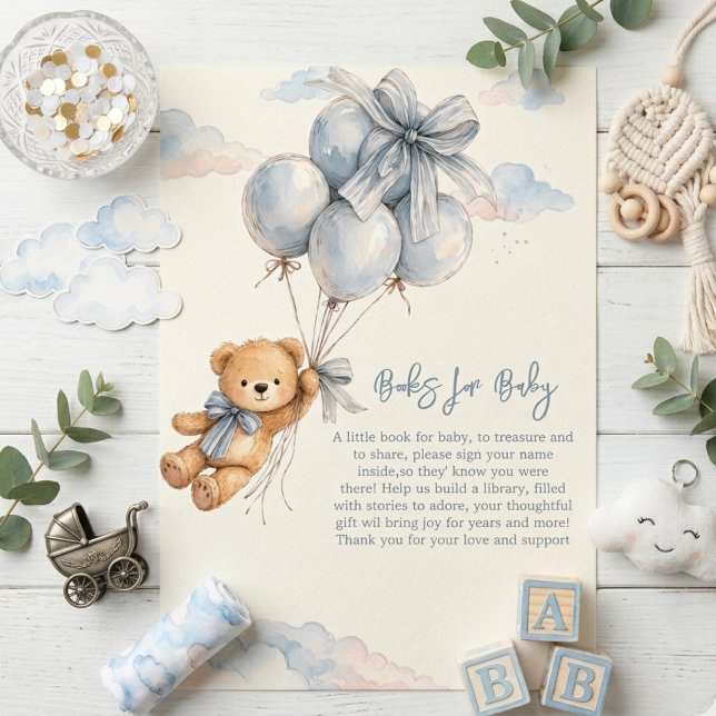 Tarjeta De Recepción Cute Teddy Bear Blue Balloons Clouds Baby Boy (Subido por el creador)