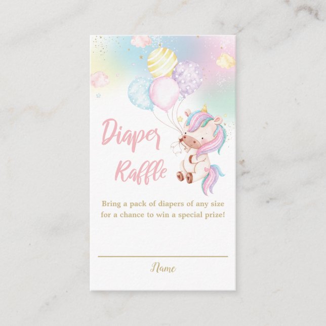 Tarjeta De Recepción Cute Unicorn Niña Ducha Diaper Raffle (Anverso)