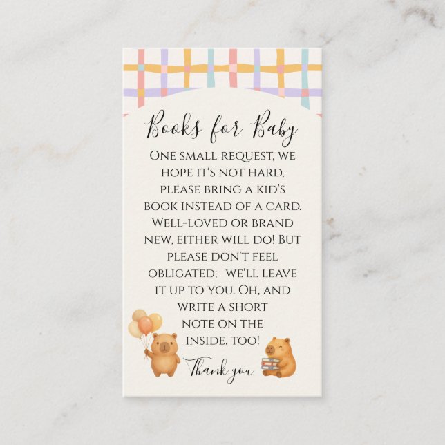 Tarjeta De Recepción Cute Watercolor Capybara Books for Baby (Anverso)