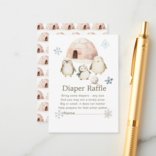 Tarjeta De Recepción Cute Winter Penguins Baby Shower Diaper Raffle (Anverso/Reverso In Situ)