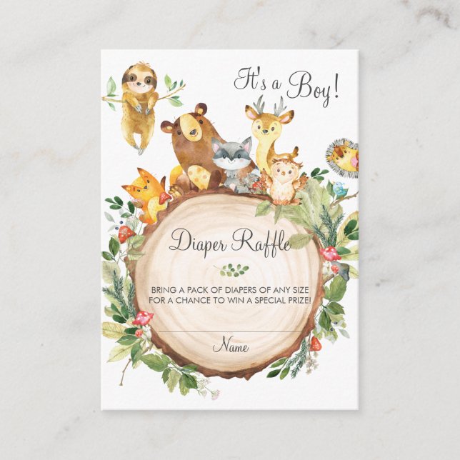 Tarjeta De Recepción Cute Woodland Greenery Baby Shower Diaper Raffle (Anverso)