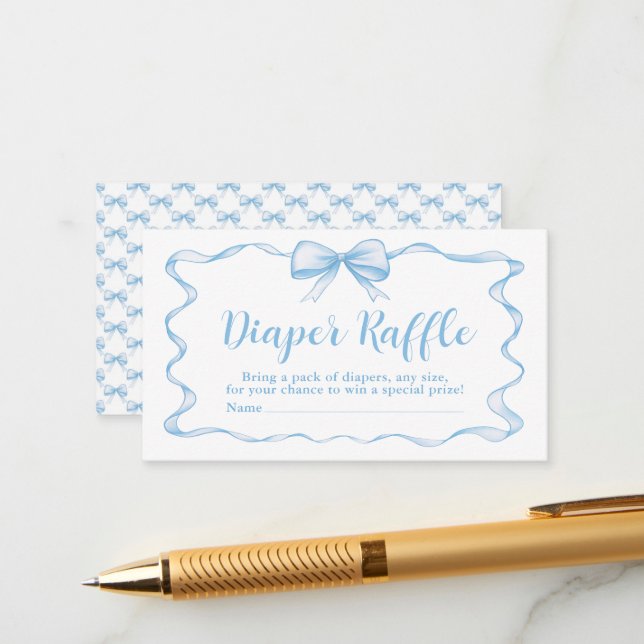 Tarjeta De Recepción Cuto azul Bow Cinta Baby Shower Diaper Raffle (Anverso/Reverso In Situ)
