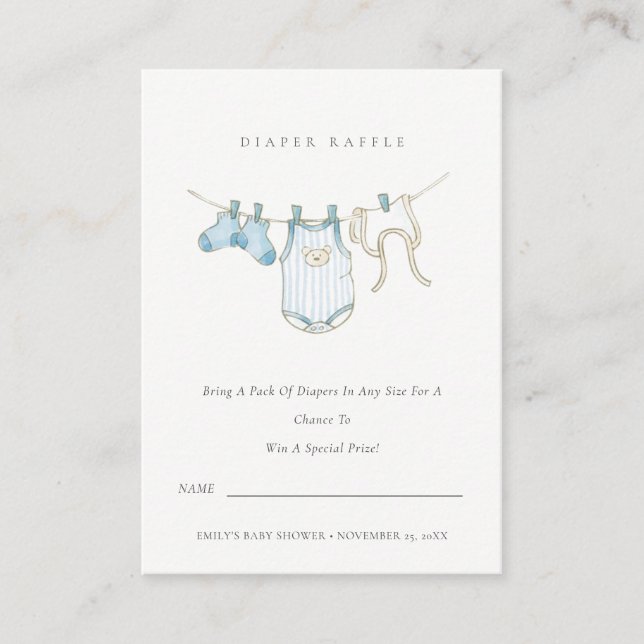 Tarjeta De Recepción Cuto Blue Clothesline Diaper Raffle Baby Shower (Anverso)