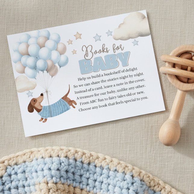 Tarjeta De Recepción Dachshund and Balloons Blue Books for Baby Shower (Baby Shower Book Request Card. Dachshund and balloons design in blue and beige)
