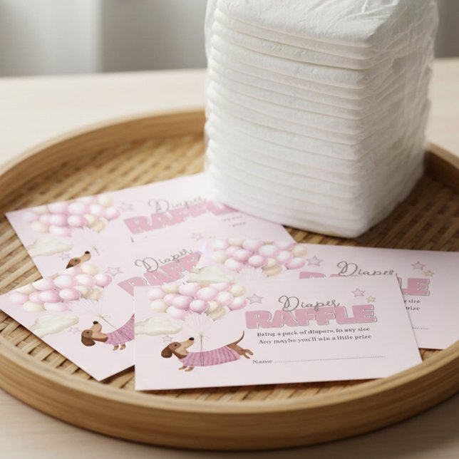 Tarjeta De Recepción Dachshund and Balloons Pink Diaper Raffle (Dachshund Teenie Weenie Diaper Raffle Card - Girl Baby Shower stationery.)