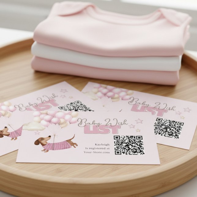 Tarjeta De Recepción Dachshund QR Code Baby Registry Website Pink (Dachshund Teenie Weenie QR Code Card - Girl Baby Shower stationery.)