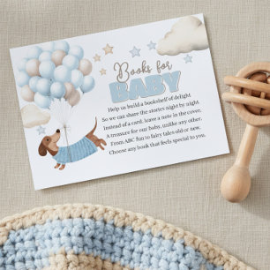 Tarjeta De Recepción Dachshund y globos azules Libros para baby shower